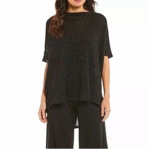 Bryn Walker Sparkle Wool Blend Sweater Poncho Top Black Silver Small Relaxed